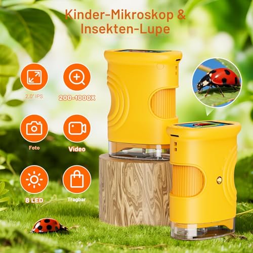 Mikroskop pro děti, 1080P HD 2,0' obrazovka kapesní mikroskop, Ashfly mobilní telefon digitální mikroskop LED světla - připojení k PC, mini mikroskop Venkovní dárky pro 4-12 let Oranžová