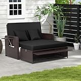 LDAILY Moccha Outdoor Daybed, Wicker Loveseat Sofa Set with 4-Postion Adjustable Backrest, Storage Ottoman, Cushions, Rattan Double Bed Lounger, Patio Furniture Set (Black)