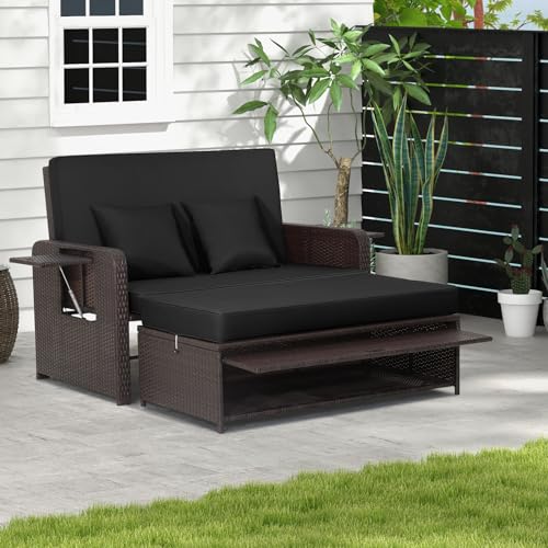 LDAILY Moccha Outdoor Daybed, Wicker Loveseat Sofa Set with 4-Postion Adjustable Backrest, Storage Ottoman, Cushions, Rattan Double Bed Lounger, Patio Furniture Set (Black)