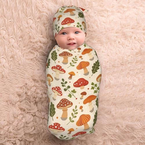 Image of Cute Mushroom Swaddle Blanket Hat Set for Boys Girls, Soft Floral Newborn Swaddle Wrap Receiving Blanket Shower Gift
