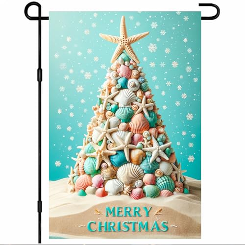 BlissYard Coastal Christmas Seashell Tree Garden Flag 12x18 Inch, Tropical Beach Starfish Holiday...