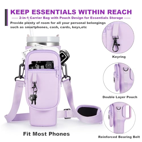 Image of 30oz Water Bottle Carrier Bag with Phone Pocket for Purple Stanley 30 oz Tumbler with Handle, Purple Insulated Neoprene Cup Holder Pouch Strap for Orchid Stanley Cup Accessories