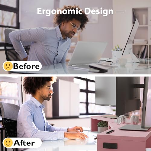 Image of BONTEC Dual Monitor Stand Riser with Smartphone Holder, Adjustable Length & Swivel Angle, Ergonomic Wooden Desktop Organizer for PC Monitor, Laptop, Printer, Large Storage, 42.5 in, Pink