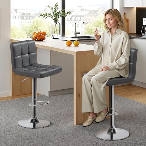 Image of Yaheetech Bar Stools Set of 2, Adjustable PU Leather Swivel Barstools, Modern Counter Stools with Back and Footrest, Counter Height Barstools for Bar, Kitchen, Dining Room, Gray