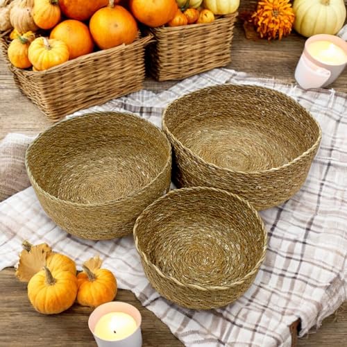 Düzenleyici; 3'lü Rustik El Yapımı Doğal Yuvarlak Hasır Seti | 3'lü Hasır Yuvarlak Organizer Seti, Dekoratif, Çok Amaçlı ve Dayanıklı Rattan Sepetler (30x12 cm, 25x10 cm, 20x8 cm)