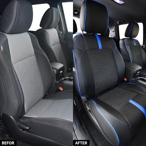 Image of Front Seat Covers Custom Fit for Toyota Tacoma 2016-2023 Double & Crew Cab SR,SR5,Limited,TRD Sport,TRD Pro,TRD Off-Road,Full Coverage Leather Seat Covers,Interior Accessories,Blue Black