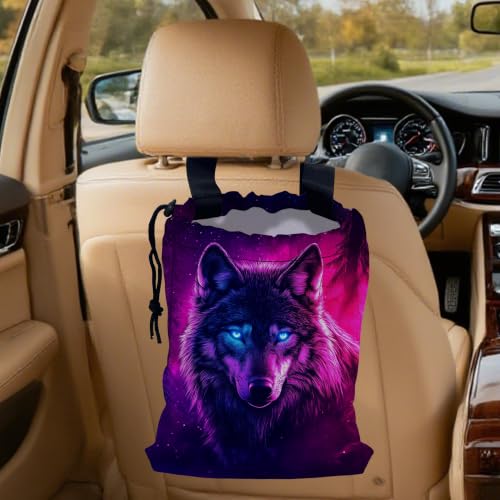Wolf Car Garbage Bag,Glowing Wolf on Starry Night Small Car Trash Bag Hanging,Drawstring Car Garbage Bag with Adjustable Buckle for Car Back Seat,SUVs,Camping,Road Trips
