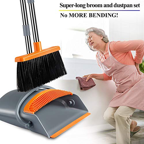 Image of Rubber Super Long Handle Lobby Brooms, Self-Cleaning Broom And Dustpan Set With Dust Pan Teeth For Home, Kitchen And Office Use (Grey And Orange), Hard floor