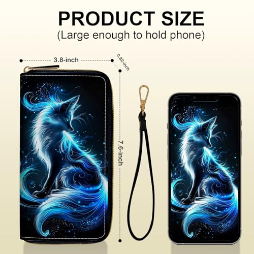 Women's Card Holder Wristlet Wallet, Convenient Travel Long Wallet with Strap and Pink Compact Mirror, Fashion and Sturdy Wristlet Long Purse for Women, Blue Light Fox3