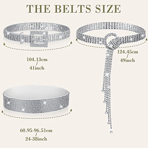 Jeyiour 3 Pcs Women Rhinestone Belt Diamond Elastic Waist Glitter Belt Shiny Crystal Silver Chain Bling Waistband Square Ring Wide Waist Band for Christmas Women Ladies Jeans Dress 5