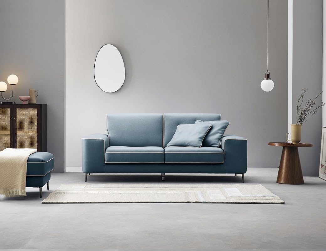 Fabrique Platinum Leatherette Luxury 3 Seater Sofa Set with Puffy | Premium Standard Stylish | for Living Room Home & Guest Room | Comfortable Easy to Move & with Stainless Steel Legs | Blue & White-image-30