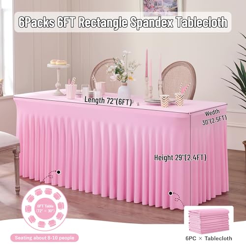Image of Outpain 6ft Spandex Table Cloth for Standard Folding Tables-6Pack Baby Pink Table Cloth Table Protector for Party, Wedding, Cocktail, Banquet, Festival