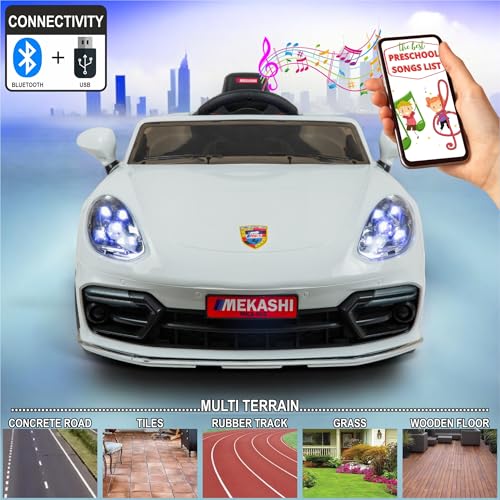 Image of MEKASHI Premium Electric Ride-On Car for Kids 1-7 Years with 12V Rechargeable Battery, Parent Remote Control, Bluetooth Music, LED Headlights, 5 Speed Modes, Swing Function, White
