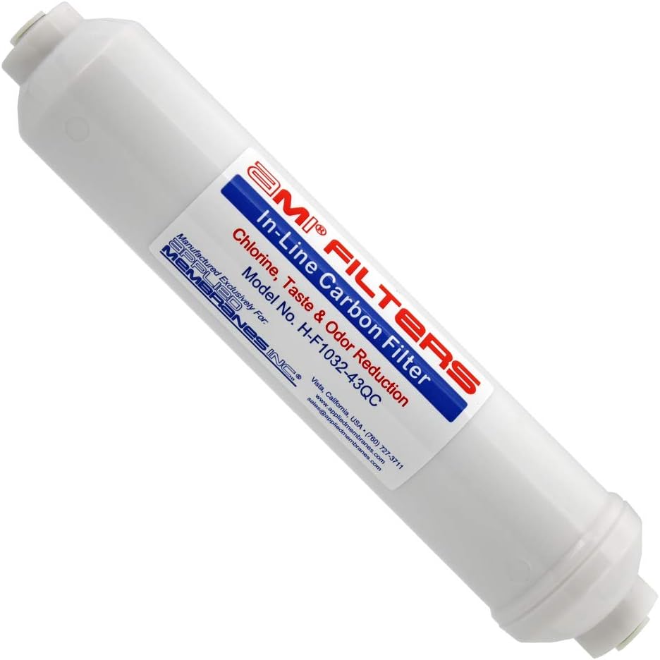 Inline Carbon Water Filter | 10" Length | 1/4" Quick Connect In/Out (1/4" QC) | For Chlorine Taste & Odor or Post Filter for Home RO | RO Stage 5 Polishing Filter