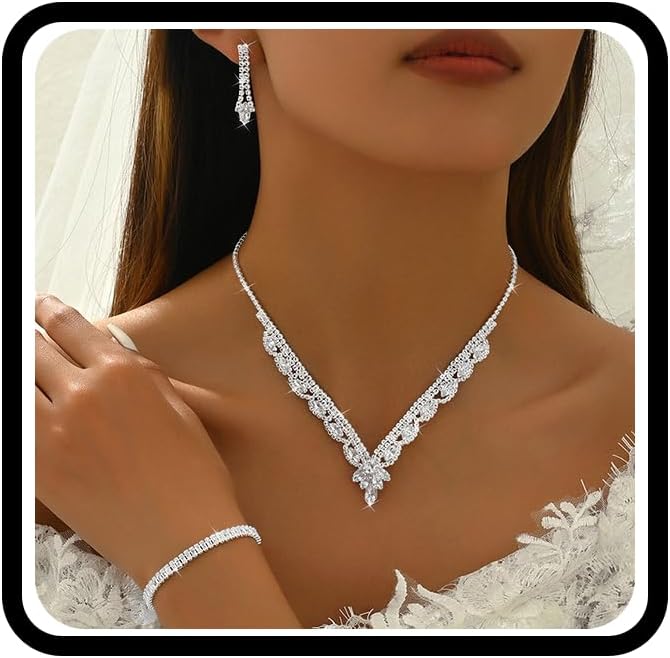 Shining Rhinestone Flower Jewelry Set for Women,Dainty Crystal Statement Dangle Earrings Necklace Sparkly Wedding Bride Bridesmaid Jewelry Gifts