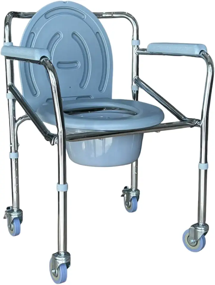 Cadeira de Banho Dobrável em Aço com Comadre até 100kg Antiderrapante com Rodas e Freio