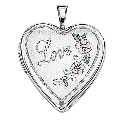 PicturesOnGold.com Sterling Silver Love Rose Heart Locket with Pink and Green Enamel - 3/4 Inch X 3/4 Inch with Engraving