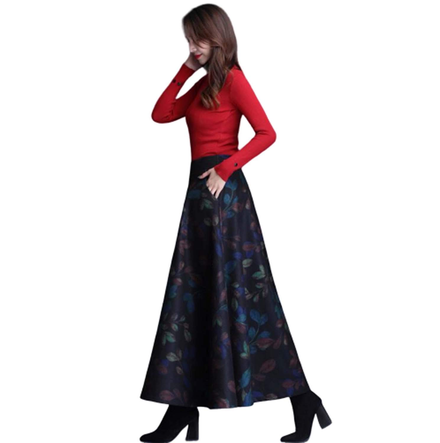Femmes Plaid Woollen Jupes Taille Haute A-Ligne évasé Jupe Longue Automne Hiver Chaud Laine Retro Big Swing Maxi Jupes