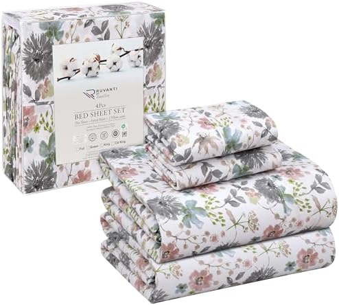 RUVANTI 100% Cotton Sheets – Queen Size Percale Bedding, Cooling & Breathable Floral Design, Durable with a Crisp, Soft & Comfortable Feel, 16" Deep Pocket, 4-Piece Set, Sweet Pea - Thumbnail 4