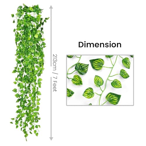 Image of Go Hooked Artificial Creeper for Home Decor (Pack of 12, 7 Ft) | Green Watermelon Peperomia Leaf Garland with 3x3 cm, 72 Leaves Each | Plastic Decorative Creeper for Balcony, Walls & Garden Decorating