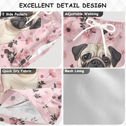 Pigsaly Boys Swim Trunks Cute Pug Dog Flowers Pink Boys Board Shorts Swimsuit Swimwear Summer Bathing Suit 3T3