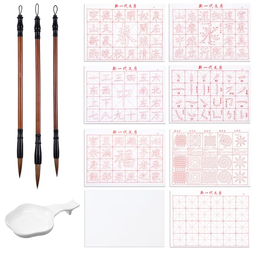 12 Pcs Chinese Calligraphy Set Magic Writing with Water Canvas No Ink Reusable Water Writing Cloth Paper Calligraphy Practice Kit for Beginners Home School
