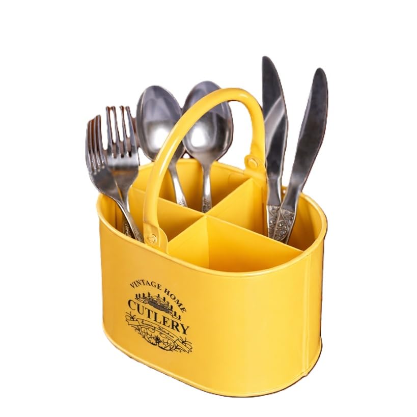Nobel Vintage Cutlery Holder with Handle, 4-Section Utensil Organiser, Food-Safe Metal, (Yellow)