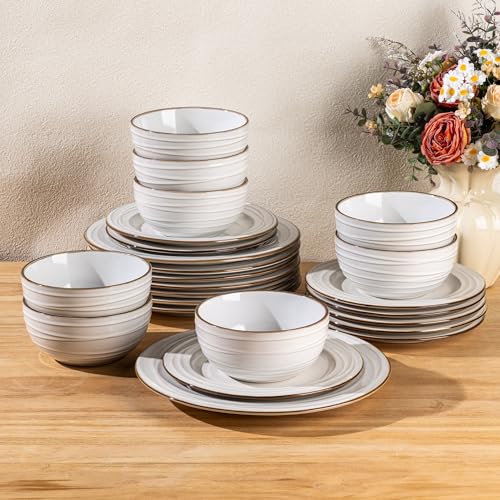 Image of GBHOME Ceramic Dinnerware Sets, 24 pcs Embossed Elegant Stoneware Plates and Bowls Sets, Housewarming Wedding Gift | Dishwasher & Microwave Safe | Dishes Set Service for 8