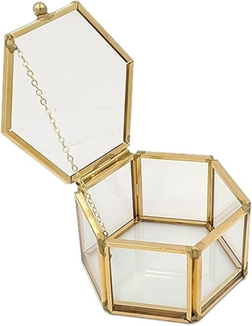 Mizuho Hexagon Transparent Glass Jewelry Box Wedding Ring Box Geometric Clear Glass Jewelry Organizer Holder Tabletop Containe (Color : Gold)