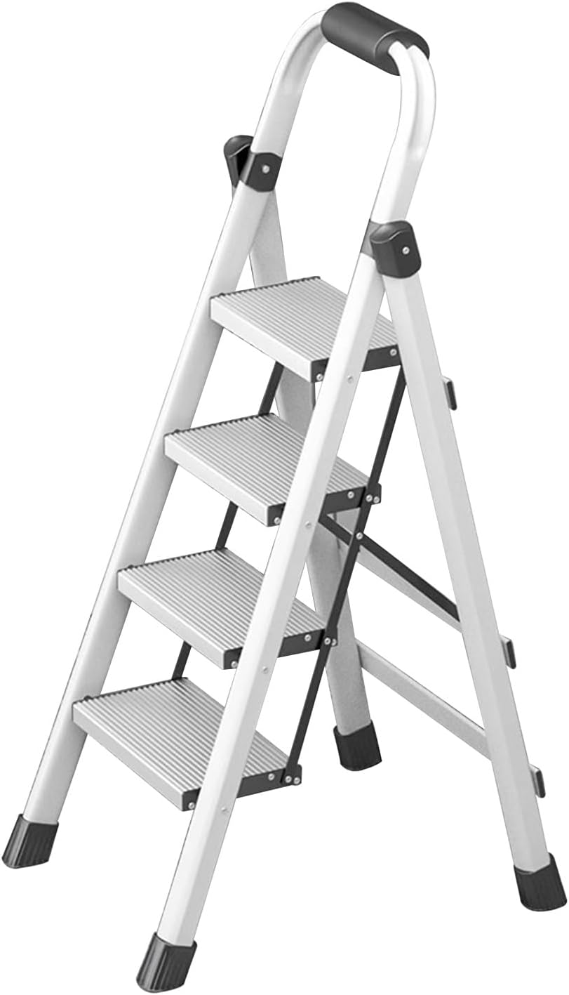 Folding Step Stool 4 Step Ladder with Widen Anti-Slip Pedals Sturdy Aluminium Alloy Ladders with Handrail Portable for Home & Adults 330lbs(White)