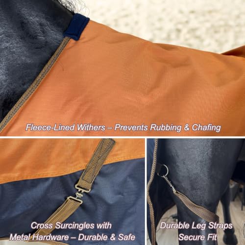 Image of BARN & STABLE 600Denier 3000mm /3000mvp Super Waterproof & Breathable Horse Blankets for Winter with 200g Fill (Vibrant Orange /Navy, 78 Inch)