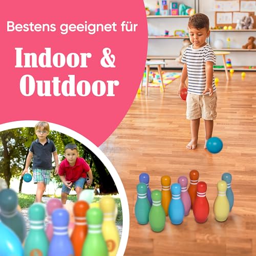 Pink Papaya Kegelspiel für Kinder - 12 teiliges Bowling Set, Outdoor & Indoor Spielzeug aus FSC-zertifiziertem Holz, schult & fördert Ihr Kind