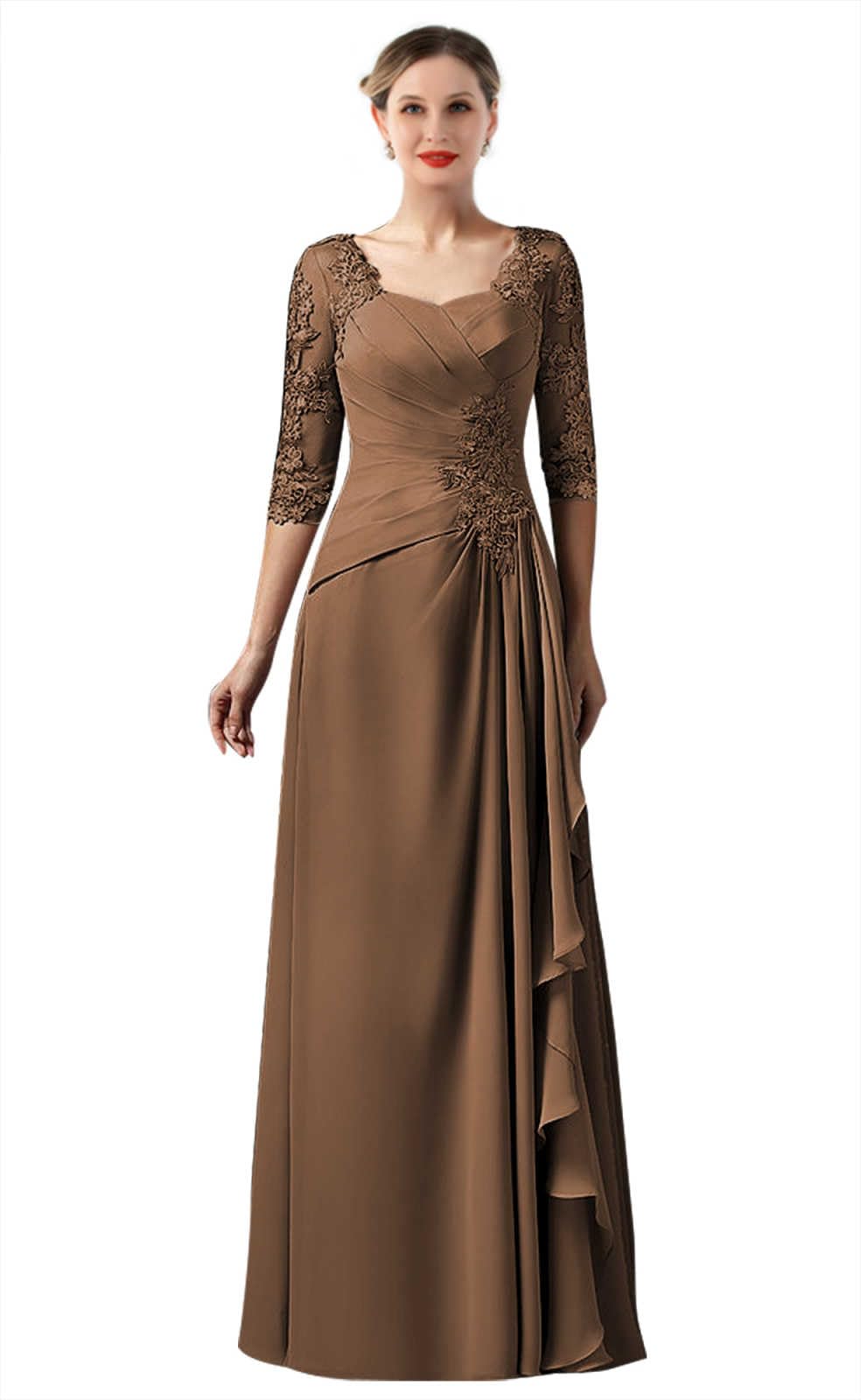 BONOYUER Lace Appliques Mother of The Bride Dress with Sleeves Ruffle Chiffon Long Formal Evening Dresses