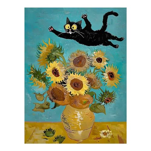 Kit broderie diamant chat noir et tournesols POLIUAWS 30x40 cm