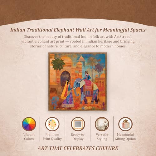 Image of PAINTINGMANTRA Rajasthani Elephant Folk Framed Painting For Living Room | Indian Traditional Large Canvas Painting With Frame Wall Art For Bedroom, Hallway's, Office, Hotel, Size 58x58 cm