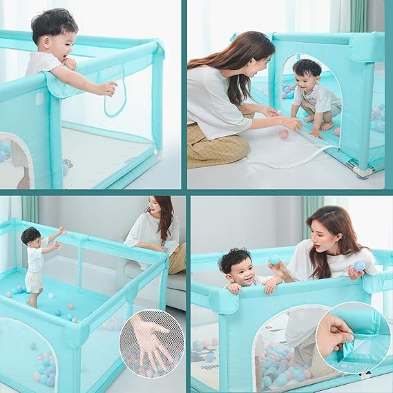 Careopeta 120*120 Cm Playpen for Babies Upto 5 Year Baby Fence Play Area Children Activity Play Yard for Kids Baby Play Area Indoor Setup Living Room Todldler Infant Play Pen Mesh with Balls (Light Green) - Image 5 thumbnail