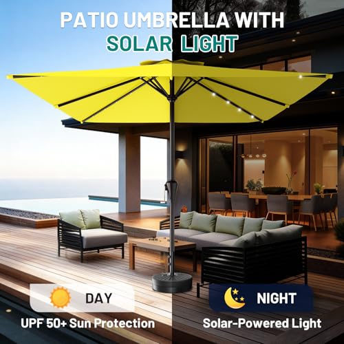 Image of AreShark 8' X 10' Rectangular Patio Umbrella with Solar Lights, Lighted Solar Umbrella with Crank, Outdoor Table Umbrella for Garden, Deck, Backyard, Pool and Beach, Yellow