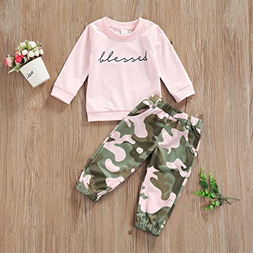 Mandizy Kids Toddler Girl Spring Fall Outfits Blessed Letter Print Long Sleeve Sweatshirt Tops And Camouflage Pants Clothes Set (Pink, 3-4T) #TOP2