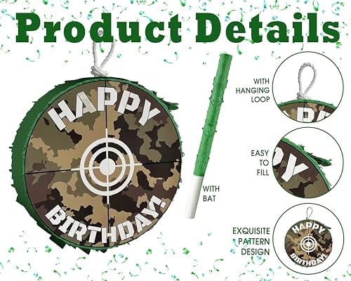 APINATA4U Green Camouflage Target Pinata Set with Stick and Blindfold, 16x4 Inches, Hunting Game Party Supplies, Happy Birthday Bullseye Decorations for Kids, Dart Gun and Army Themed Party image 5