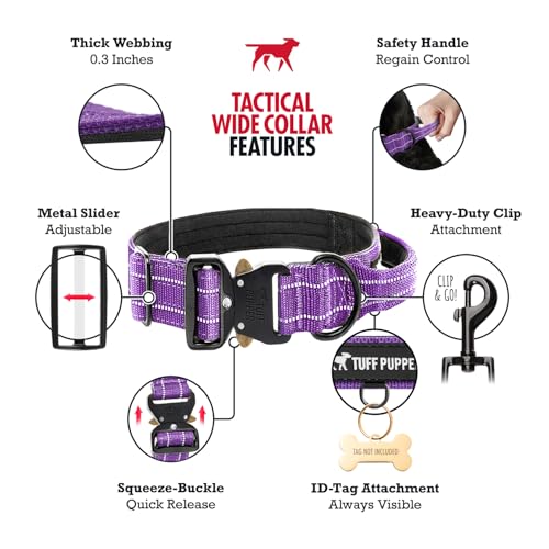 Image of Tuff Pupper Tactical Dog Collar | Heavy Duty 1.5 inch Wide Ballistic Nylon | Training Control Handle | Quick-Release Metal Buckle | Reflective Bands | ID Tag Holder | Padded Inner Lining (Purple, Medium)