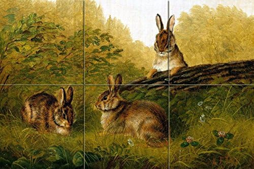 Rabbits on a Log by Arthur Fitzwilliam Tait Tile Mural Kitchen Bathroom Wall Backsplash Behind Stove Range Sink Splashback 3x2 4.25" Ceramic, Glossy