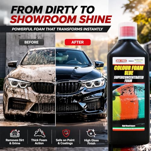 Image of MAFRA Superconcentrated PH Neutral Car Wash Blue Foam Shampoo (1L) High Visual Impact Foaming for Deep Cleaning Removes Tough Dirt, Safe on Any Paint