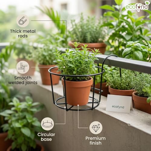 Image of ecofynd 5 Pack Round Metal Hanging Flower Pot Stand For Railing planters, Gamla stand Pot Holder for Balcony decoration items outdoor, Plant stands for balcony, Flower pot stand indoor (Black, PS028)