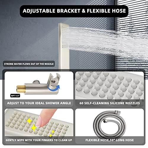 Backnets Solid Brass Handheld Shower Head Arc Design High Pressure Brushed Nickel Hand Shower Wand With Adjustable Supply Elbow Wall Connector Shower Holder And 59″ Stainless Steel Hose Set #TOP3
