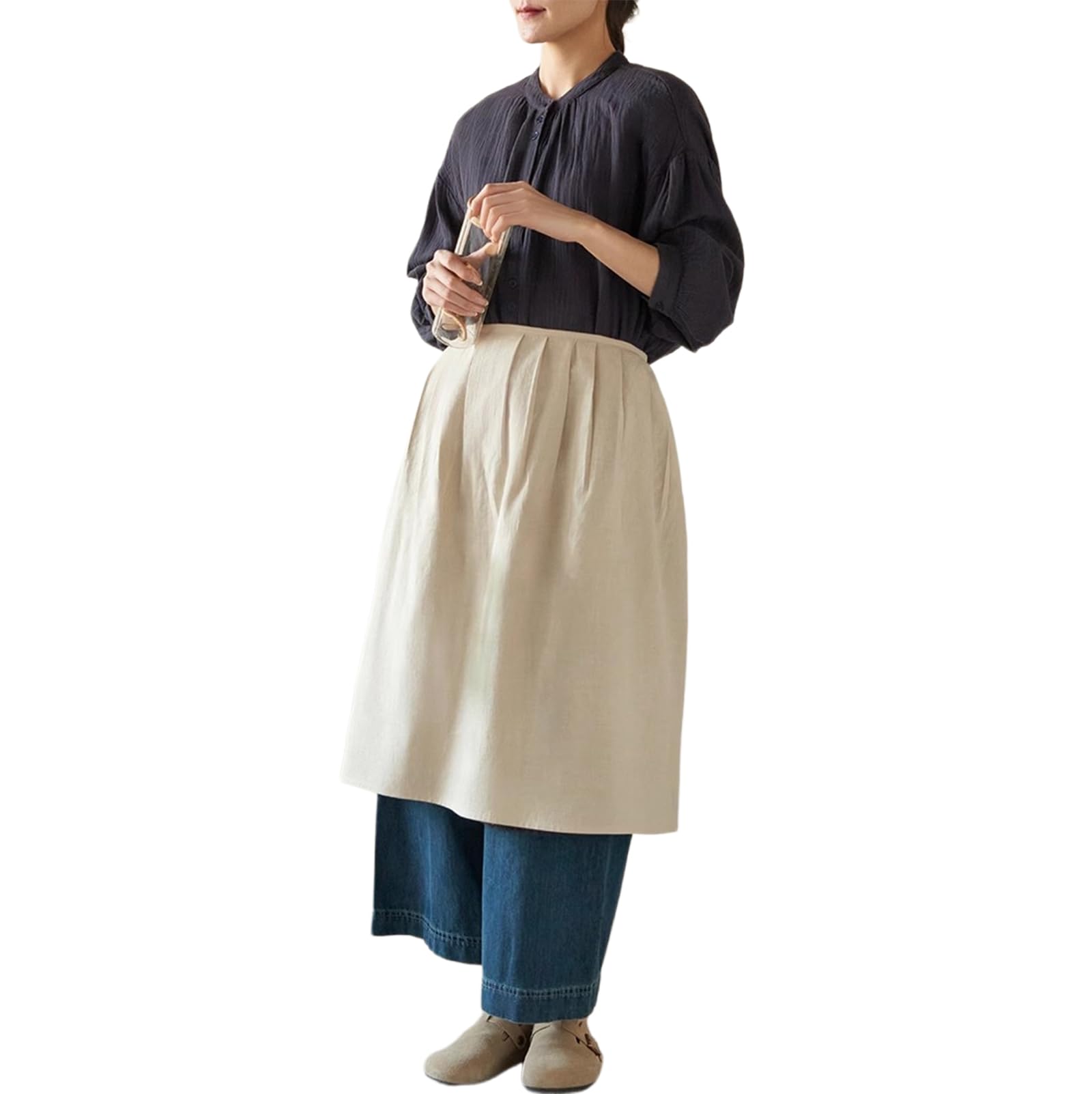 Delantal Cocina Mujer Algodón Delantal Camarero Largo para Niña Y Mujer, Cocina, Restaurante, BistróBeige,One Size