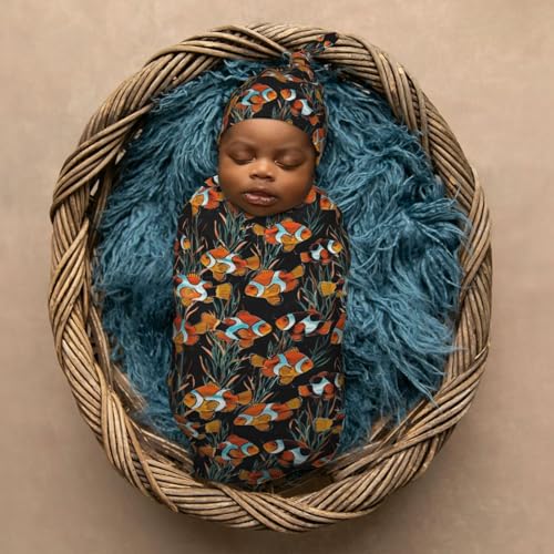 Image of Watercolor Tropical Fish Clownfishes Newborn Swaddle Blankets Hat Sets Soft Baby Receiving Blanket Swaddle Sack for Baby Shower Infant Boy Girl Gift
