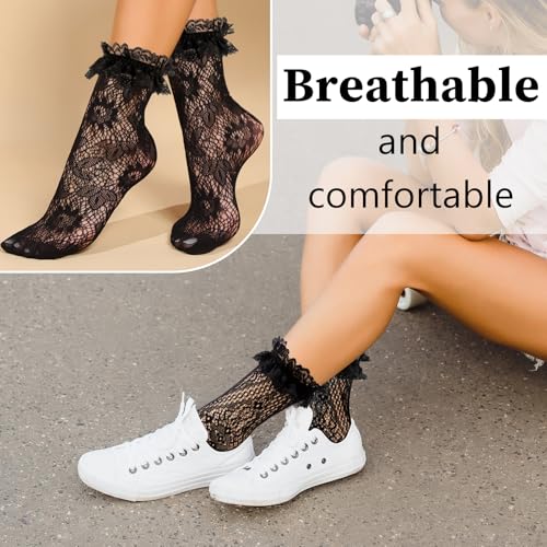 Image of 4 Pairs Women's Lace Trim Ruffle Frilly Ankle Socks - Black Mesh Lace Socks for Women
