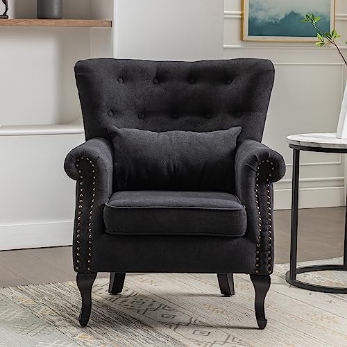 Kcc Living Room Accent Chair Mid Century Modern Reading Arm Chair For Bedroom, Upholstered Club Chair Single Sofa Chair With Tufted Back, Rubber Wood Legs And Lumbar Pillow, Black #TOP1