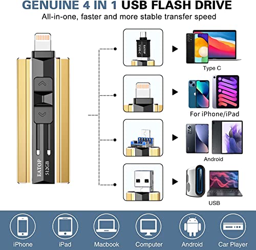 Image of EATOP 512GB Photo Stick for iPhone Flash Drive, iPhone Memory Stick Thumb Drives USB Stick External Storage Compatible with iPhone /iPad /Android /PC (Gold)