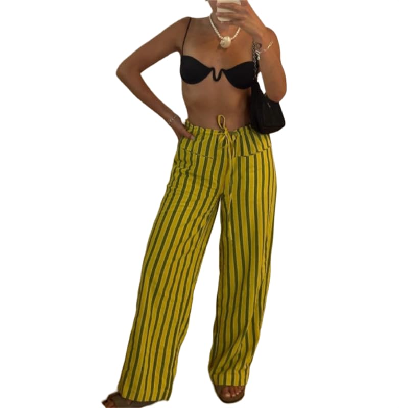 Women Plaid Wide Leg Pants High Waist Drawstring Pants Casual Lounge Pants Loose Trousers Sweatpants Bottoms